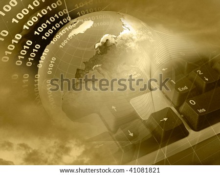 Electronic collage - globe, digits, keyboard and cobweb on space background (sepia).