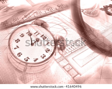 Graphic, magnifier, money and clock, collage about analysis (red).