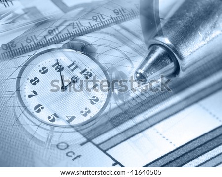 Pen, magnifier, money and clock, collage about statistic (blues).
