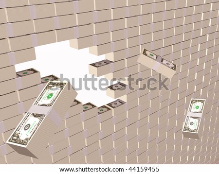 Broken money wall - world financial crisis allegory.