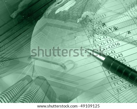 Pen, rulers and globe, business collage in green.