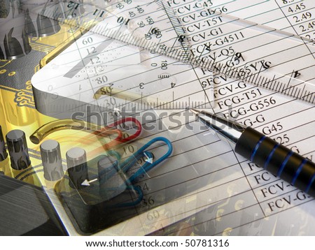 Ruler, pen and processor - business collage.