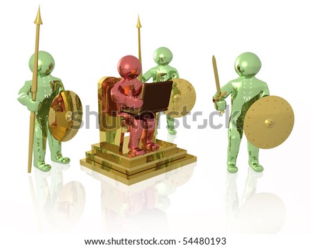 Three mans and throne on white reflective background.
