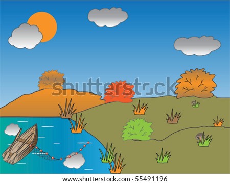 Stylized autumn landscape with trees, river and fishing boat.