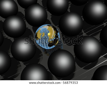 Earth ball and black balls on black reflective background.