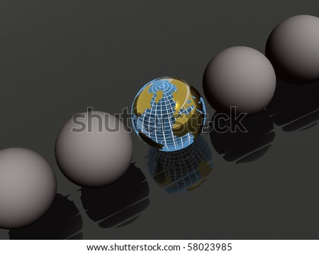 Earth ball and gray balls on black reflective background.