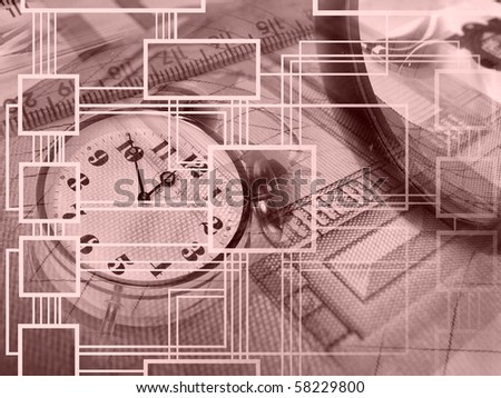 Graphic, magnifier, money and clock, collage about analysis.