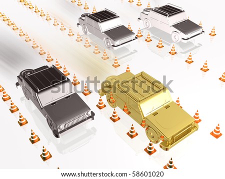 Gray cars and gold car on white reflective background.