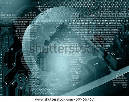Communication collage - globe, digits and cobweb on electronic background.