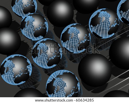 Earth balls and black balls on black reflective background.