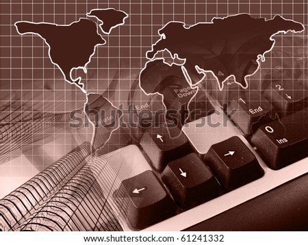 Communication collage - map, computer keyboard and buildings.
