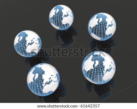 Earth balls on black reflective background.
