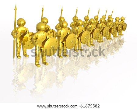 Gold soldiers with gold swords on white reflective background.