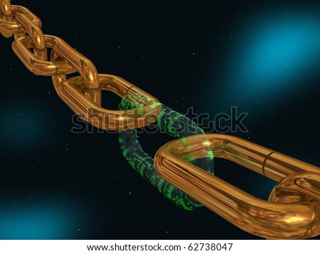 Gold chain with digital central link, space background.
