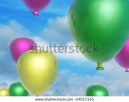 Colored holiday balloons on the sky background.