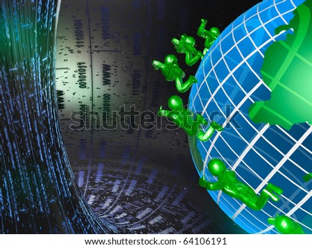 Computer collage - globe and mans on digital background.