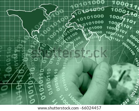Computer collage - map, hand, globe and coin.