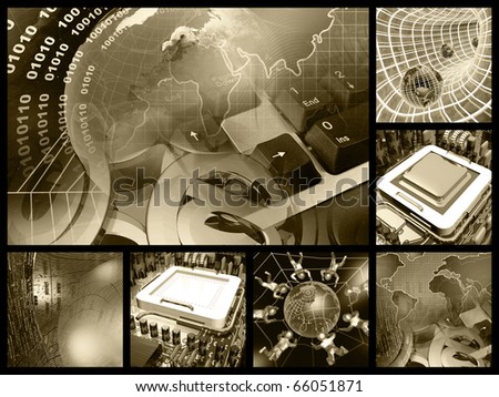 Communication collage - map, keyboard and mail signs on checked background.