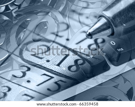 Magnifier, ruler and calculator, collage about reporting in blues.