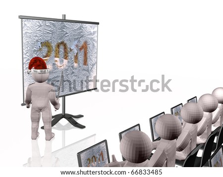 Gray man near the presentation stand, white reflective background.