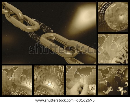 Chain with digital link against star background, collage in sepia.