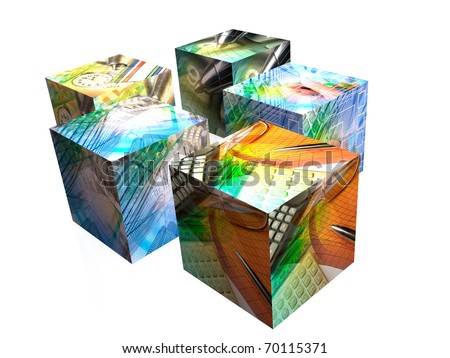 Business cubes with pictures on white reflection background.