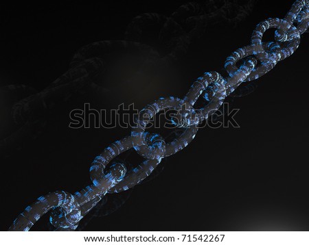 Chain with blue digital links, space background.