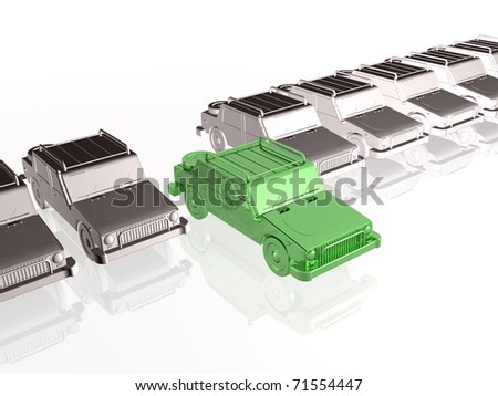 Gray cars and green car on white reflective background.
