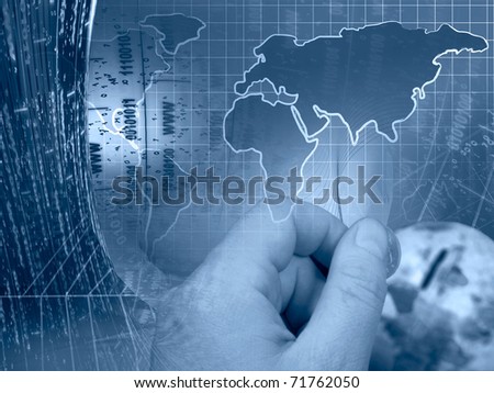 Computer collage - globe, map and hand.