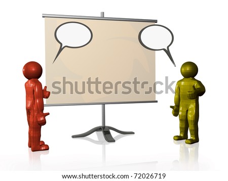 Two speaking mans and presentation screen on white background.