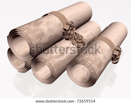 Parchment rolls with brown strips, white reflection background.