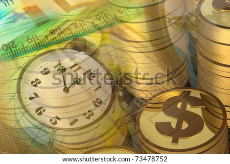 Graphic, magnifier, money and clock, collage about analysis.