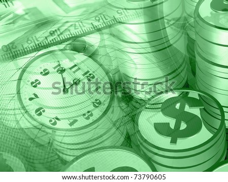 Graphic, magnifier, money and clock, collage about analysis in greens.