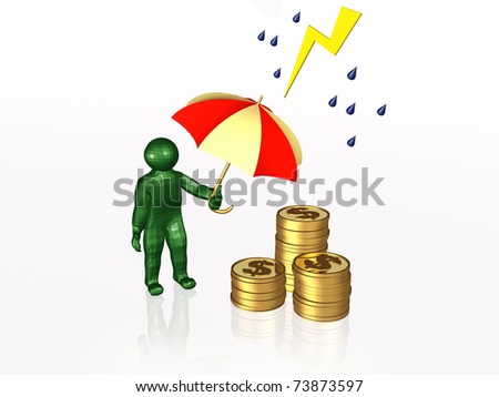 Green man with umbrella protecting money, white reflective background.