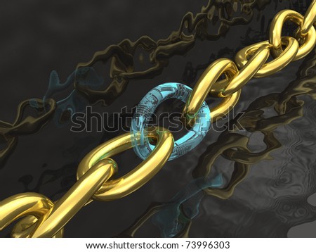 Gold chain with electronic central link, black background.