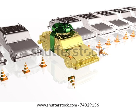 Gray cars and gold car on white reflective background.
