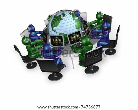 Mans with headphones and globe, white background.