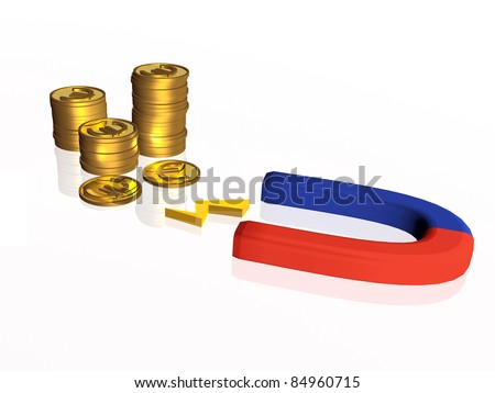 Money and magnet on white background.