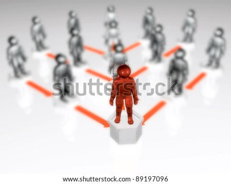 Red and grey mans with arrows on white background.