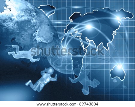 Abstract computer background - globe, map and mans, in blues.