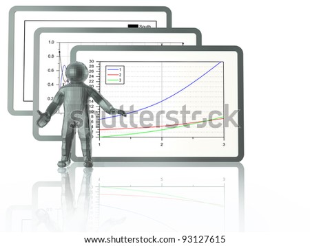 Man with presentation stand, white background.