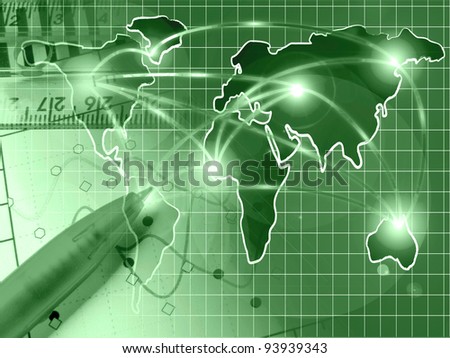 Graph, map and pen - abstract business background in greens.
