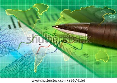 Business background with graph, map, pen and calculator.