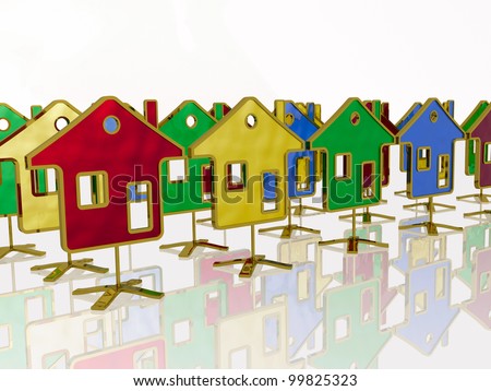 Color homes on white reflection background.