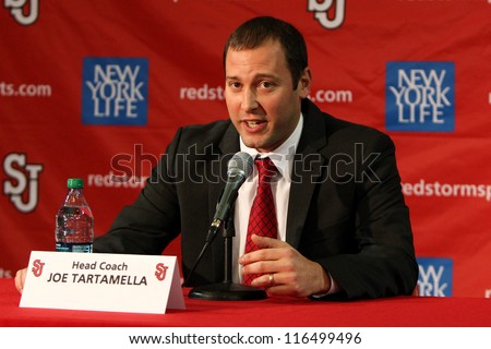 NEW YORK-OCT. 23: St. John\'s Red Storm head coach Joe Tartamella speaks to the media on October 23, 2012 at Carnesecca Arena, Jamaica, Queens, New York.