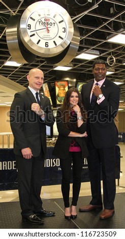NEW YORK-OCT 25: Adam Graves, Danica Patrick and Larry Johnson attend unveiling of new Tissot Swiss Watches Lobby Clocks at Madison Square Garden Box Office on October 25, 2012 in New York City.