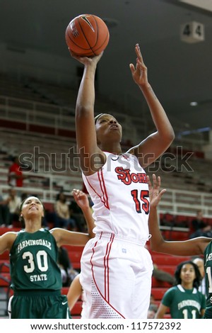 NEW YORK-NOV 3: St. John\'s Red Storm center Jennifer Blanding (15) shoots against the Farmingdale Rams at Carnesecca Arena on November 3, 2012 in Jamaica, Queens, New York.