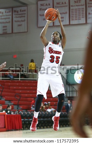 NEW YORK-NOV 3: St. John\'s Red Storm guard Shenneika Smith (35) shoots against the Farmingdale Rams at Carnesecca Arena on November 3, 2012 in Jamaica, Queens,  New York.