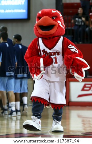 NEW YORK-NOV 3: St. John\'s Red Storm mascot performs at the game against Sonoma State Seawolves at Carnesecca Arena on November 3, 2012 in Jamaica, Queens, New York.