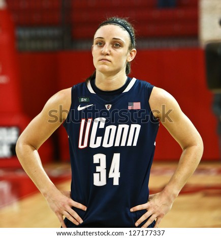 JAMAICA-FEB 2: Connecticut Huskies guard Kelly Faris (34) waits on the court against the St. John\'s Red Storm at Carnesecca Arena on February 2, 2013 in Jamaica, Queens, New York.